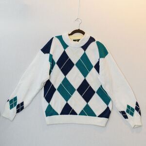 Embassy Row Argyle white green blue crew neck sweater L Preppy grandpa VTG